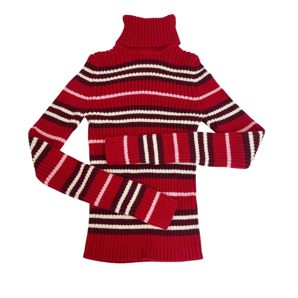 Vintage Energie Y2K Red Striped Ribbed Turtleneck Sweater Womens Medium‎ Cotton
